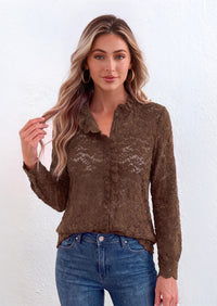 PRETTYGARDEN Women Lace Tops Button Down Long Sleeve Shirts  | Sheer Lace Button Shirts, Elegant Ruffle Collar Blouses, Eyelet Tops Dressy Casual, Date Night Outfit, Fall Fashion Clothing