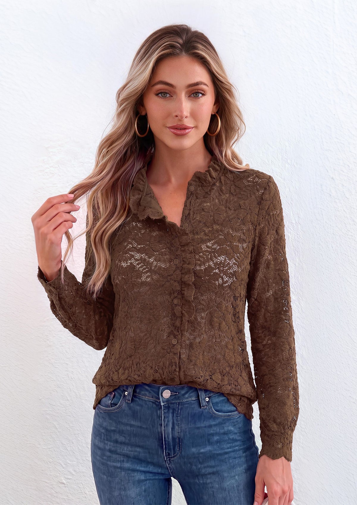 PRETTYGARDEN Women Lace Tops Button Down Long Sleeve Shirts  | Sheer Lace Button Shirts, Elegant Ruffle Collar Blouses, Eyelet Tops Dressy Casual, Date Night Outfit, Fall Fashion Clothing