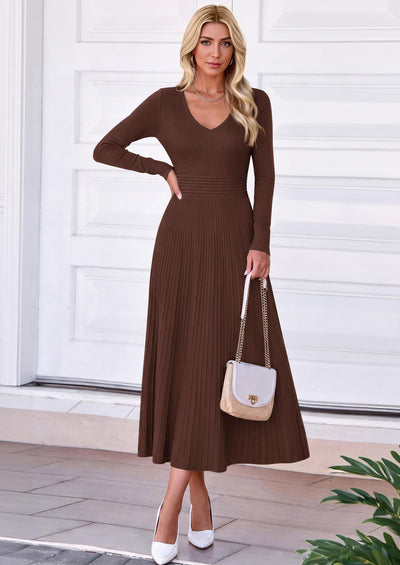 PRETTYGARDEN Women's Fall V Neck Pleated Midi Sweater Dress  Stretchy Ribbed Knit,Long Sleeve,A Line Flowy Skirt,Elegant Long Dresses for Wedding Guest,Work Office,Winter Party Outfits