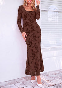 PRETTYGARDEN Women's Long Sleeve Floral Maxi Bodycon Dress  Cocktail Dresses for Wedding Guest, Square Neck, Stretchy Mesh, Elegant Classy, Formal Holiday Party, Fall Date Night Outfits