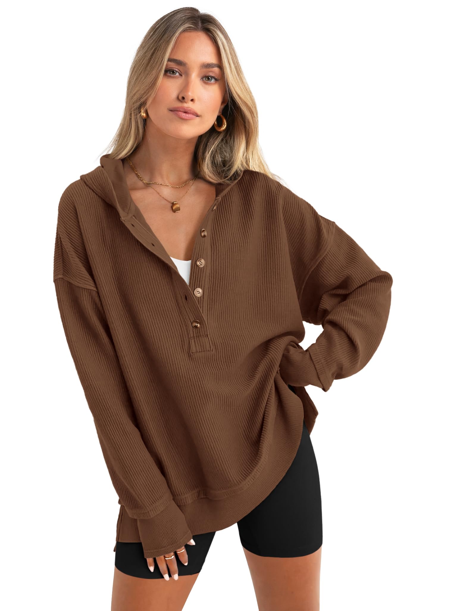 PRETTYGARDEN Womens Fashion Oversized Long Sleeve Hoodie Button Down V Neck Sweatshirt Side Slit Casual Pullover Tops PRETTYGARDEN