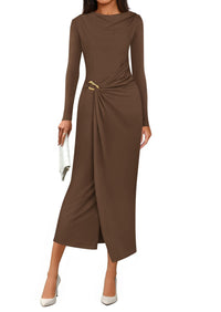 PRETTYGARDEN Women's Fall Wedding Guest Cocktail Midi Dresses Elegant Long Sleeve Bodycon Ruched Dress Fashion Clothing PRETTYGARDEN