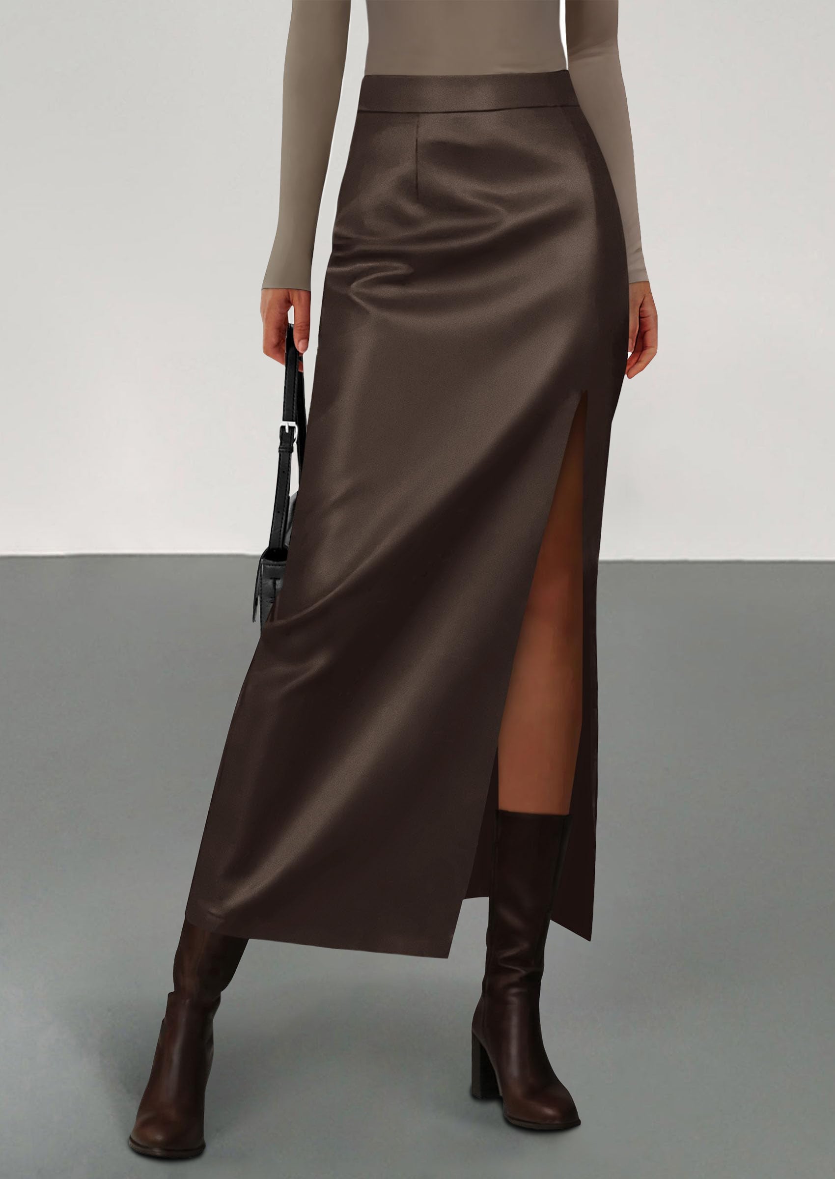 PRETTYGARDEN Womens Faux Leather Skirt Fall Bodycon High Waisted Slit Dressy Casual Winter Maxi Long Pencil Skirts