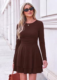 PRETTYGARDEN Womens Fit and Flare Crewneck Long Sleeve Mini Dress | Ruched Waist,Tiered Ruffle Hem,Flowy Short Sundress,Party Cocktail Homecoming Dresses,Date Night Semi Formal Cruise Outfits