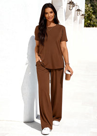 PRETTYGARDEN Summer Lounge Sets for Women 2 Piece Short Sleeve Crewneck Cute Tops and Wide Leg Pants with Pockets Pj Set PRETTYGARDEN