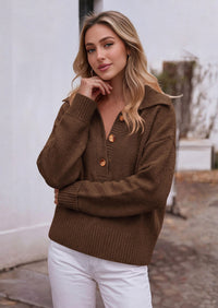 PRETTYGARDEN Womens Fall Long Sleeve Sweaters Button up V Neck Polo Shirts | Quarter Button Collared Tops, Ribbed Knit Comfy Shirts, Relaxed Fit Sweater Tops, Casual Fall Outfits for Women 2026