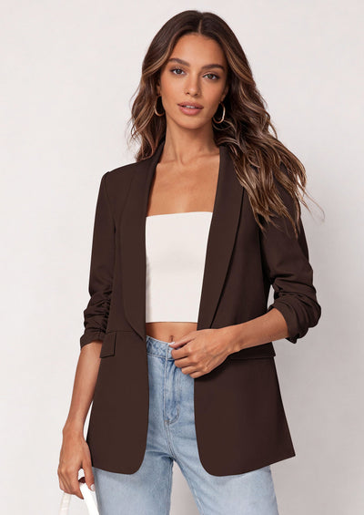 PRETTYGARDEN Women's Spring Blazers Business Casual Outfits Open Front Ruched 3/4 Sleeve Lightweight Work Suits Jackets PRETTYGARDEN