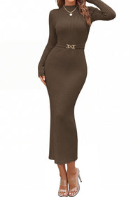 PRETTYGARDEN Women's Long Sleeve Bodycon Maxi Sweater Dress | Stretchy Rib Knit,Metal Buckle Waist,Back Slit,Work Cocktail Holiday Party Outfits,Fall Winter Winter Wedding Guest Dresses