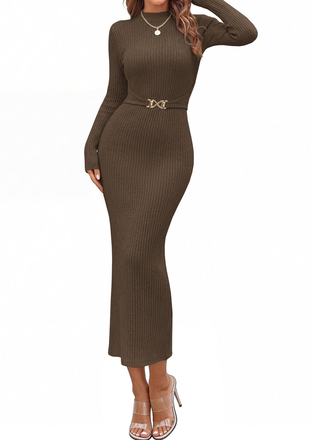 PRETTYGARDEN Women's Long Sleeve Bodycon Maxi Sweater Dress | Stretchy Rib Knit,Metal Buckle Waist,Back Slit,Work Cocktail Holiday Party Outfits,Fall Winter Winter Wedding Guest Dresses