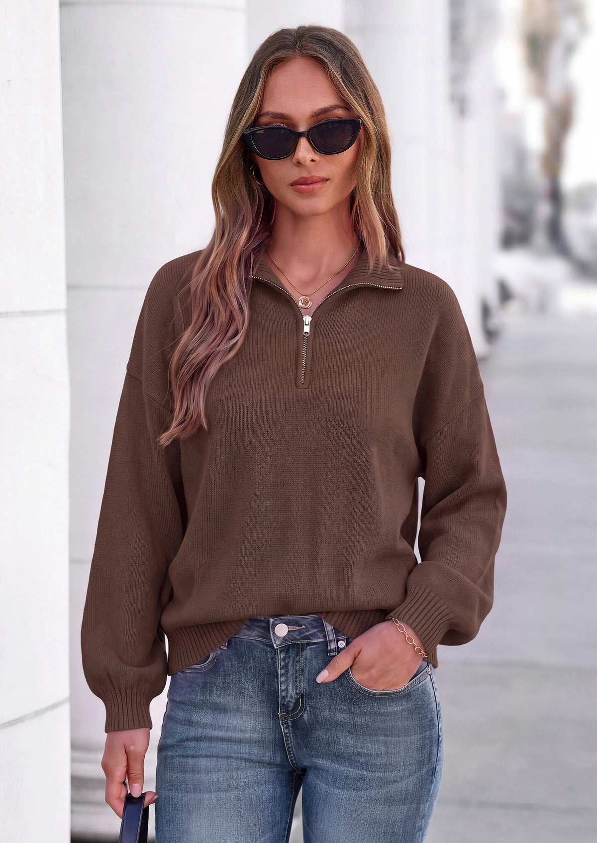 PRETTYGARDEN Women's Quarter Zip Pullover Oversized Sweaters | Collared Neck, Long Balloon Sleeve, Jumper Tops, Soft Cozy Knit, Ribbed Hem, Loose Fit, Fall Outfits, Winter Fashion Clothing