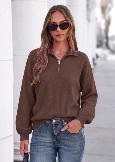PRETTYGARDEN Women's Quarter Zip Pullover Oversized Sweaters | Collared Neck, Long Balloon Sleeve, Jumper Tops, Soft Cozy Knit, Ribbed Hem, Loose Fit, Fall Outfits, Winter Fashion Clothing