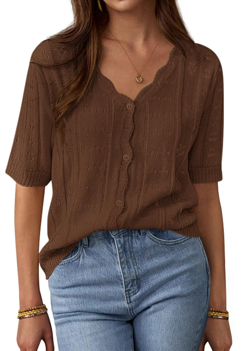 PRETTYGARDEN Womens Short Sleeve Crochet Knit Sweater Spring Fashion Button Down Lightweight Cardigans Summer Tops PRETTYGARDEN