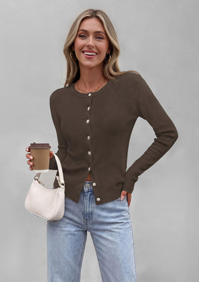 PRETTYGARDEN Fall Fitted Cardigan Sweaters for Women Button Down  | Basic Crewneck Long Sleeve Sweater Tops, Ribbed Trim, Slim Fit, Open Front, Daily Wear, Work, Date, Travel, Fashion Clothing