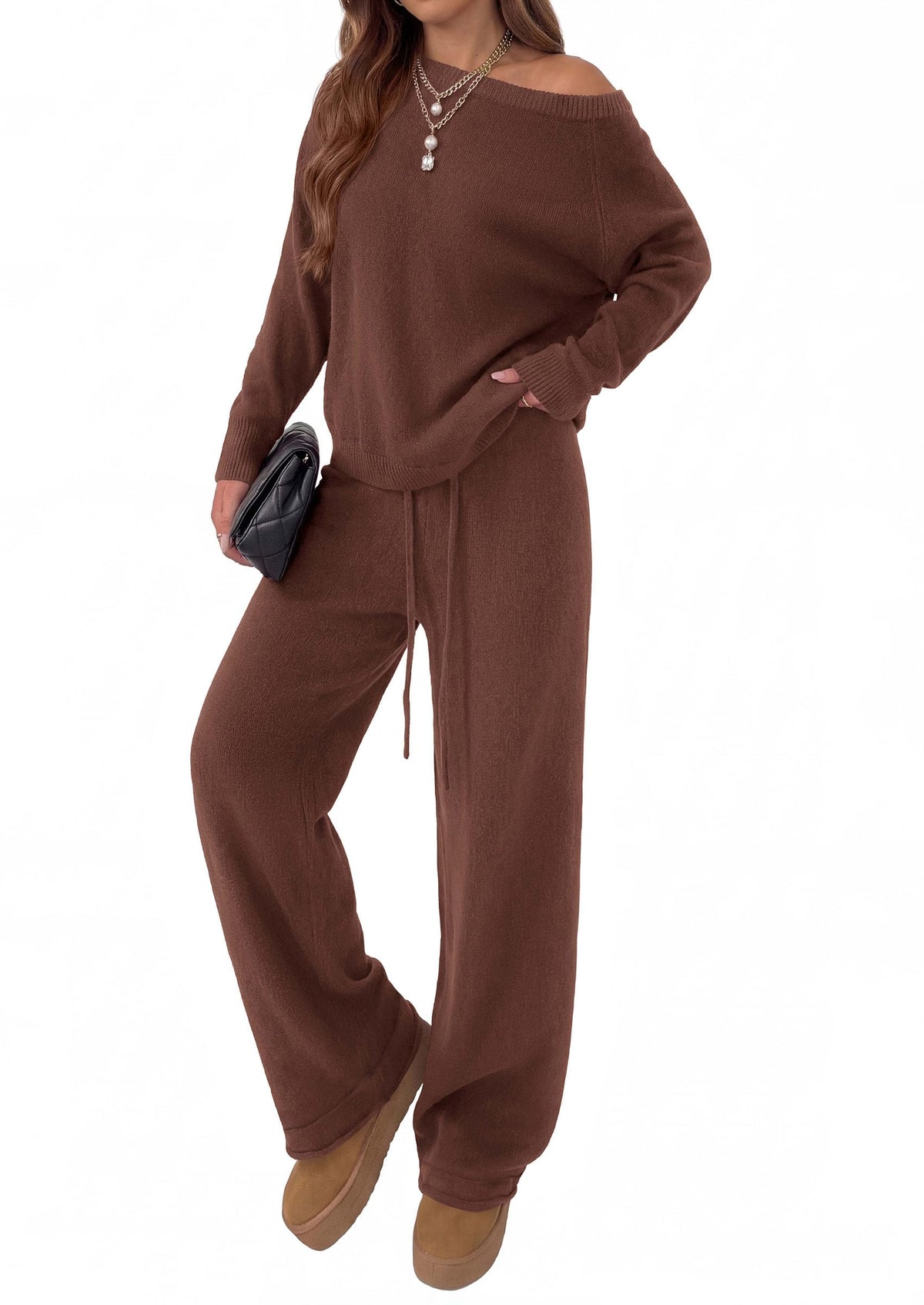 PRETTYGARDEN Lounge Sets Womens Two Piece Outfits  Cozy Boat Neck Long Sleeve , Wide Leg Pants with Drawstring, Casual Fall Fashion 2026 Airport & Travel, Knit Matching Set