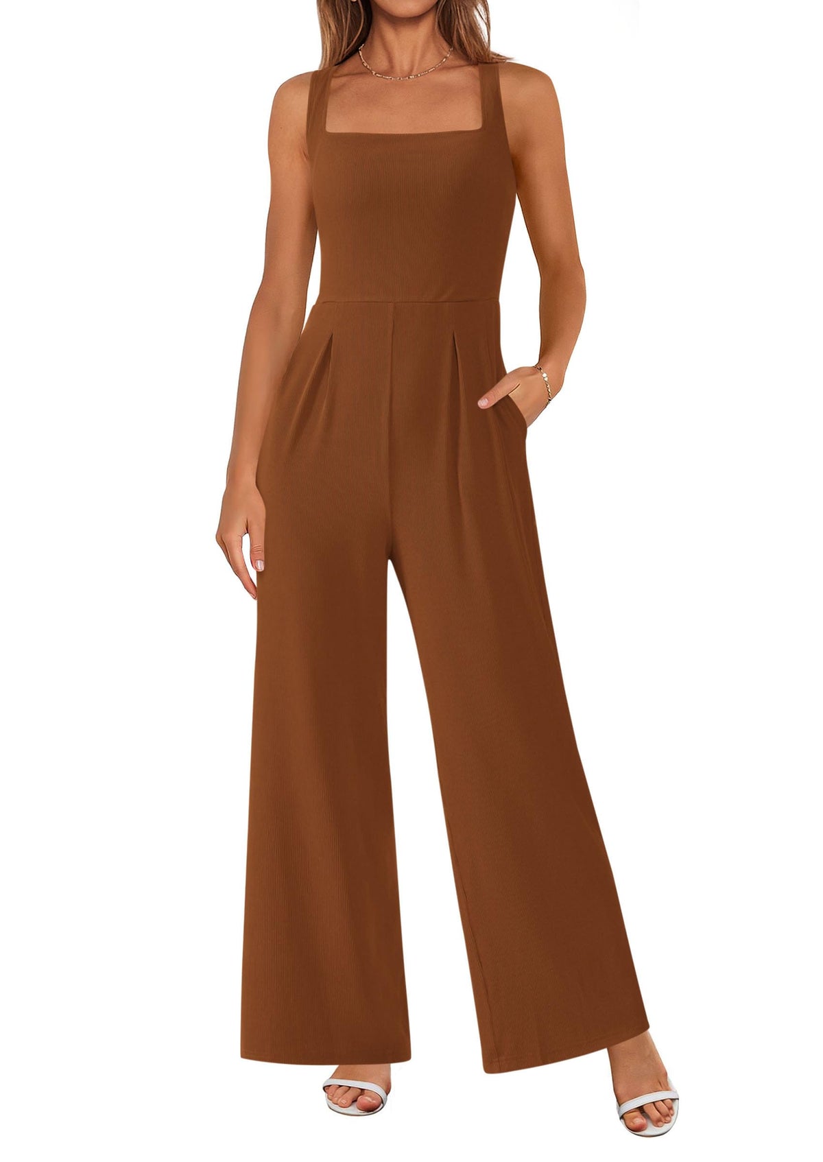 Summer Sleeveless Jumpsuits for Women Dressy Square Neck Wide Leg Pants Knitted One Piece Rompers with Pockets