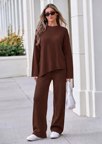 PRETTYGARDEN Womens Fall 2 Piece Asymmetric Cozy Sweater Travel Lounge Sets  Crewneck Drop Shoulder, Soft Casual Knit Matching Set, Vacation Airport Holiday Outfits, Winter Clothing