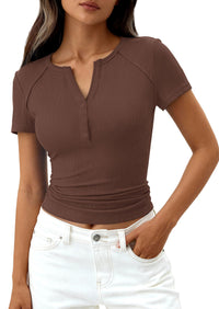 PRETTYGARDEN Womens Summer Short Sleeve Tops 2026 Spring Casual V Neck Henley Button Up T Shirts Dressy Ribbed Knit Blouses PRETTYGARDEN