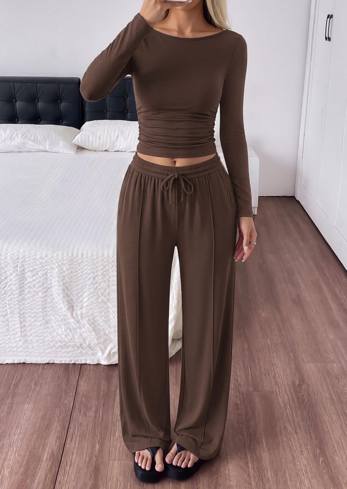 PRETTYGARDEN Women's Matching Lounge Sets 2 Piece Outfits  Boat Neck Long Sleeve , Wide Leg Pants Pockets, Ruched Waist, Travel Airport Resort Wear, Casual Fall Fashion Clothing