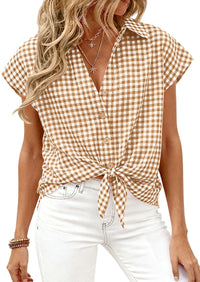 PRETTYGARDEN Womens Button Dwon Shirts V Neck Short Cap Sleeve Collared Plaid Tops Summer Spring Casual Blouses Clothes PRETTYGARDEN