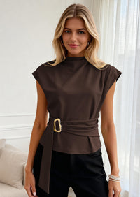 PRETTYGARDEN Women Blouses Spring Dressy Cap Sleeve Mock Neck Work Shirts Buckle Tunic Summer Business Casual Tops PRETTYGARDEN