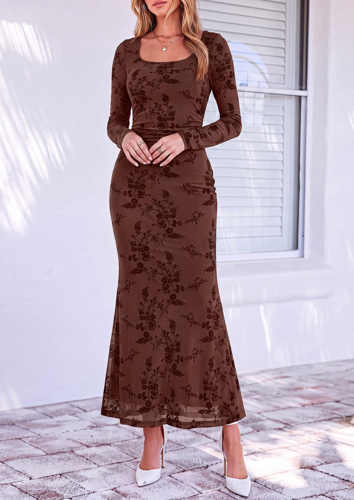 PRETTYGARDEN Women's Long Sleeve Floral Maxi Bodycon Dress  Cocktail Dresses for Wedding Guest, Square Neck, Stretchy Mesh, Elegant Classy, Formal Holiday Party, Fall Date Night Outfits