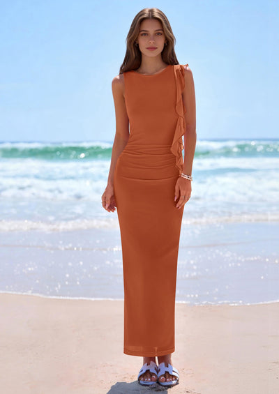 PRETTYGARDEN Women's Summer Maxi Dresses Sleeveless Ruffle Formal Wedding Guest Cocktail Mesh Bodycon Split Long Dress PRETTYGARDEN