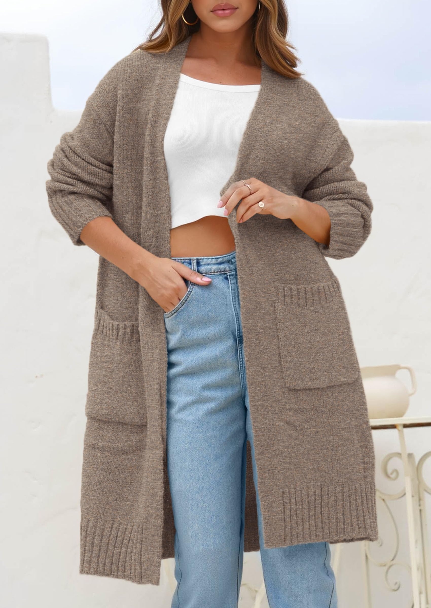 PRETTYGARDEN Fall Long Sleeve Cardigan Sweaters for Women Trendy Winter Open Front Loose Knitted Cardigans with Pockets