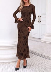 PRETTYGARDEN Women's Long Sleeve Maxi Floral Mesh Fall Wedding Guest Dress