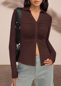 PRETTYGARDEN Womens Button Down Shirts V Neck Collared Ruched Slim Fit Long Sleeve Shirt Casual Fall Fashion Ladies Tops PRETTYGARDEN