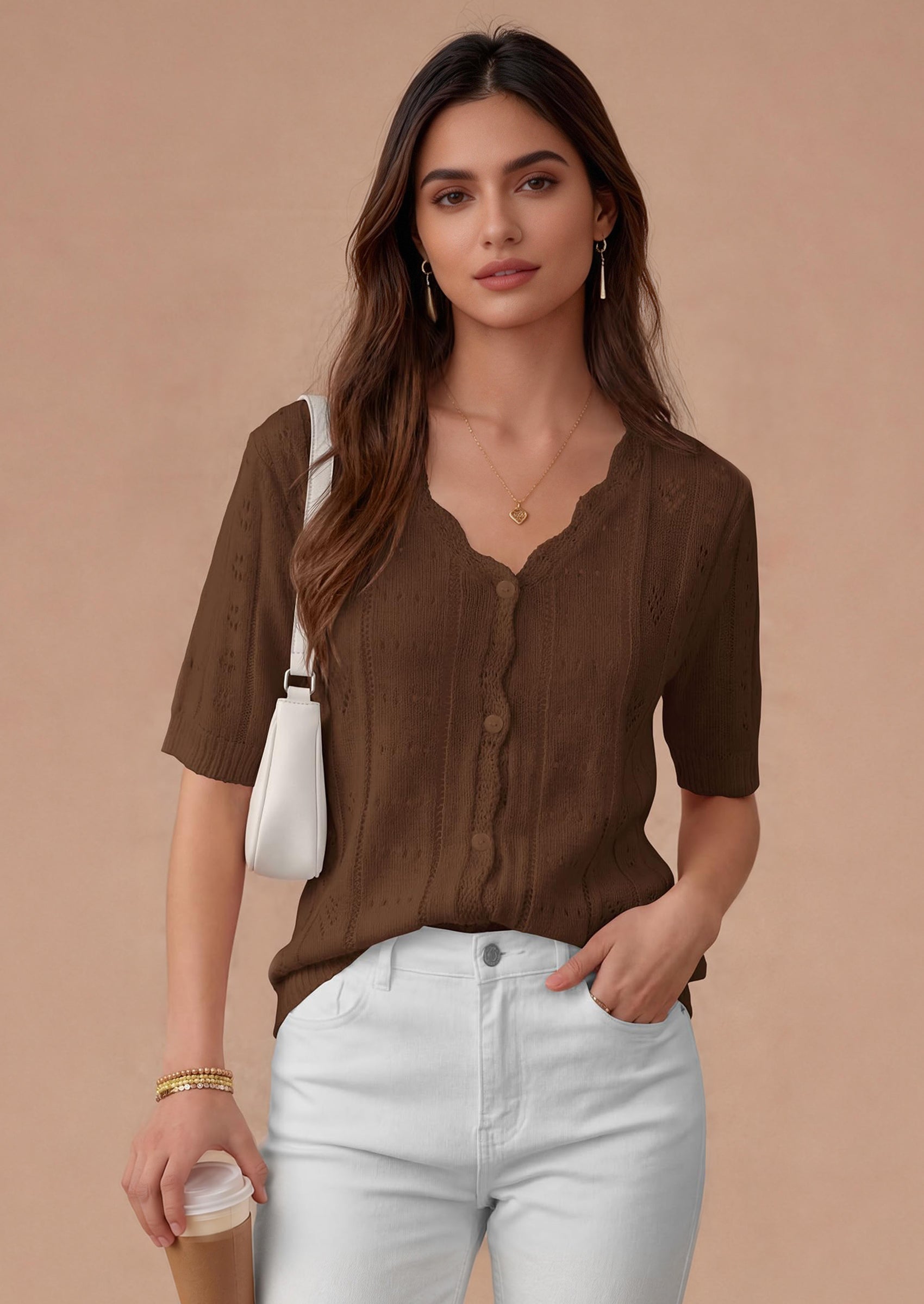 PRETTYGARDEN Womens Short Sleeve Crochet Knit Sweater Spring Fashion Button Down Lightweight Cardigans Summer Tops PRETTYGARDEN