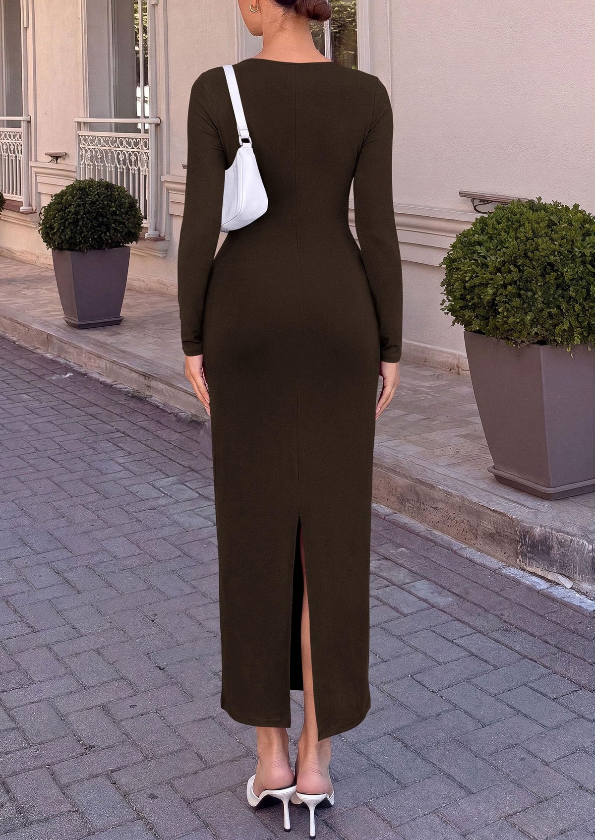 PRETTYGARDEN Women's Long Sleeve Ruched Bodycon Maxi Dress | Wedding Guest Dresses, Twist Knot Waist, Back Slit, Slim Fitted, Formal Wear, Cocktail Holiday Party, Date Night Fall Outfits