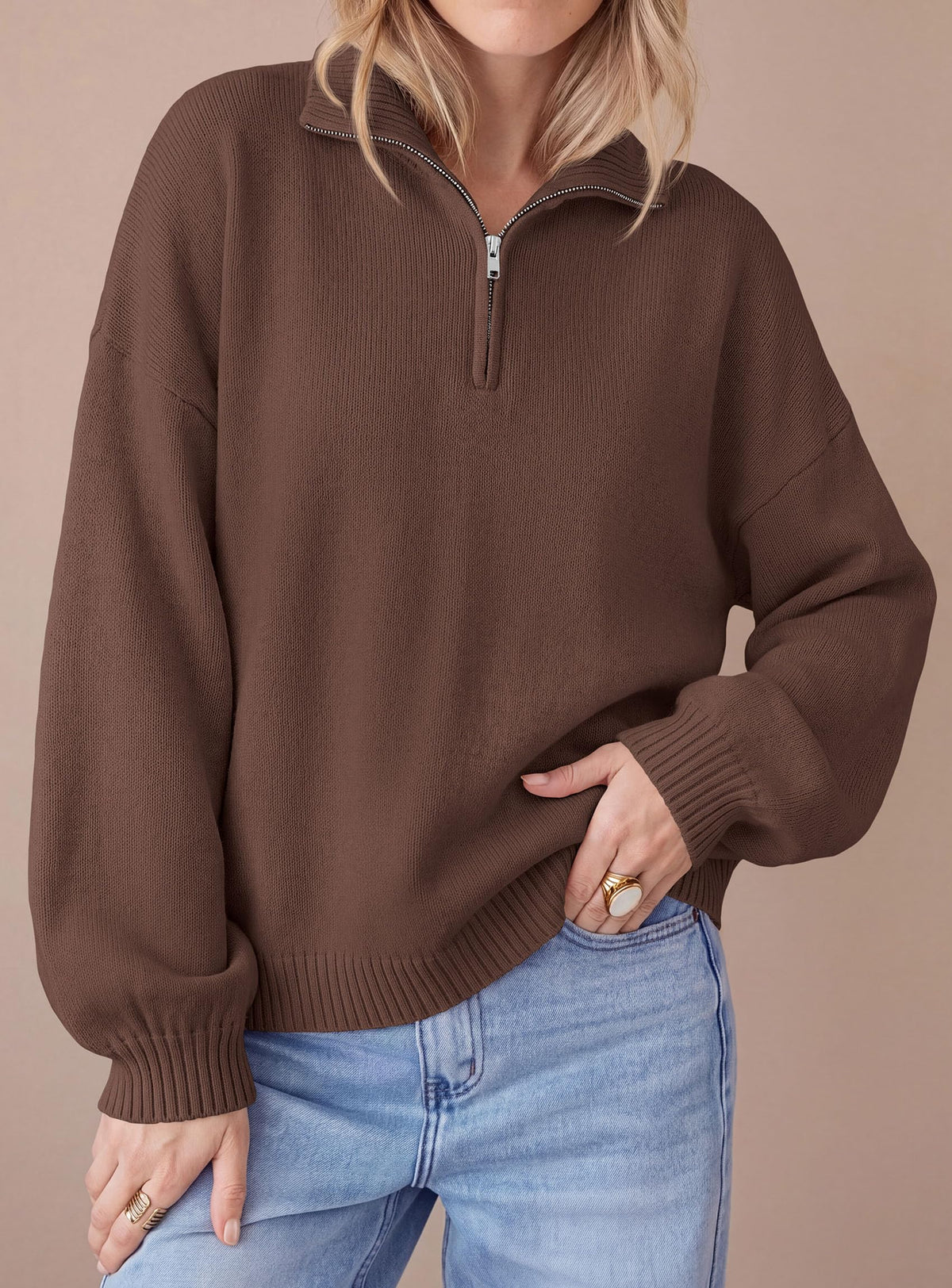PRETTYGARDEN Women's Quarter Zip Pullover Oversized Sweaters | Collared Neck, Long Balloon Sleeve, Jumper Tops, Soft Cozy Knit, Ribbed Hem, Loose Fit, Fall Outfits, Winter Fashion Clothing