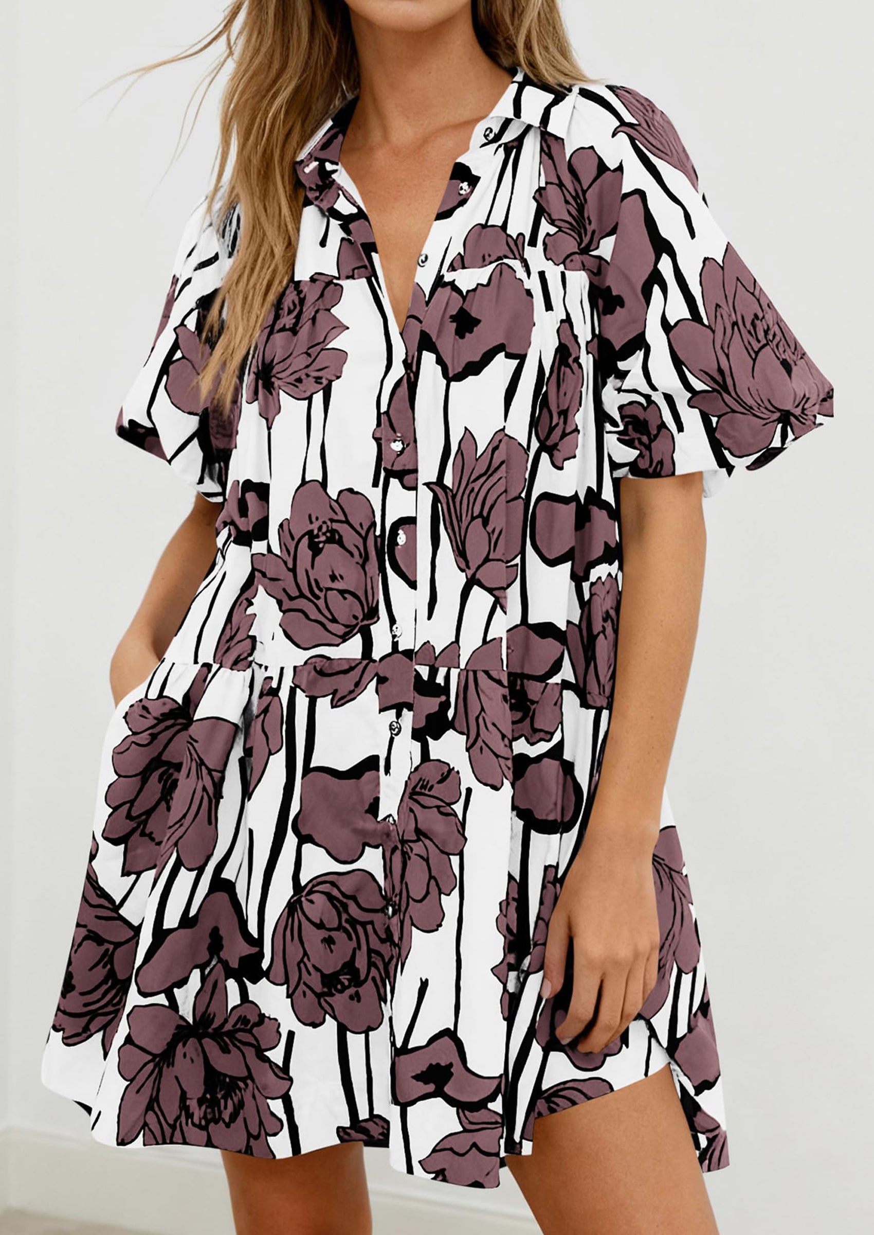 PRETTYGARDEN Womens Summer Dresses 2026 Casual Puff Sleeve Button Down Mini Shirt Dress Boho Floral Babydoll Sun Dress PRETTYGARDEN