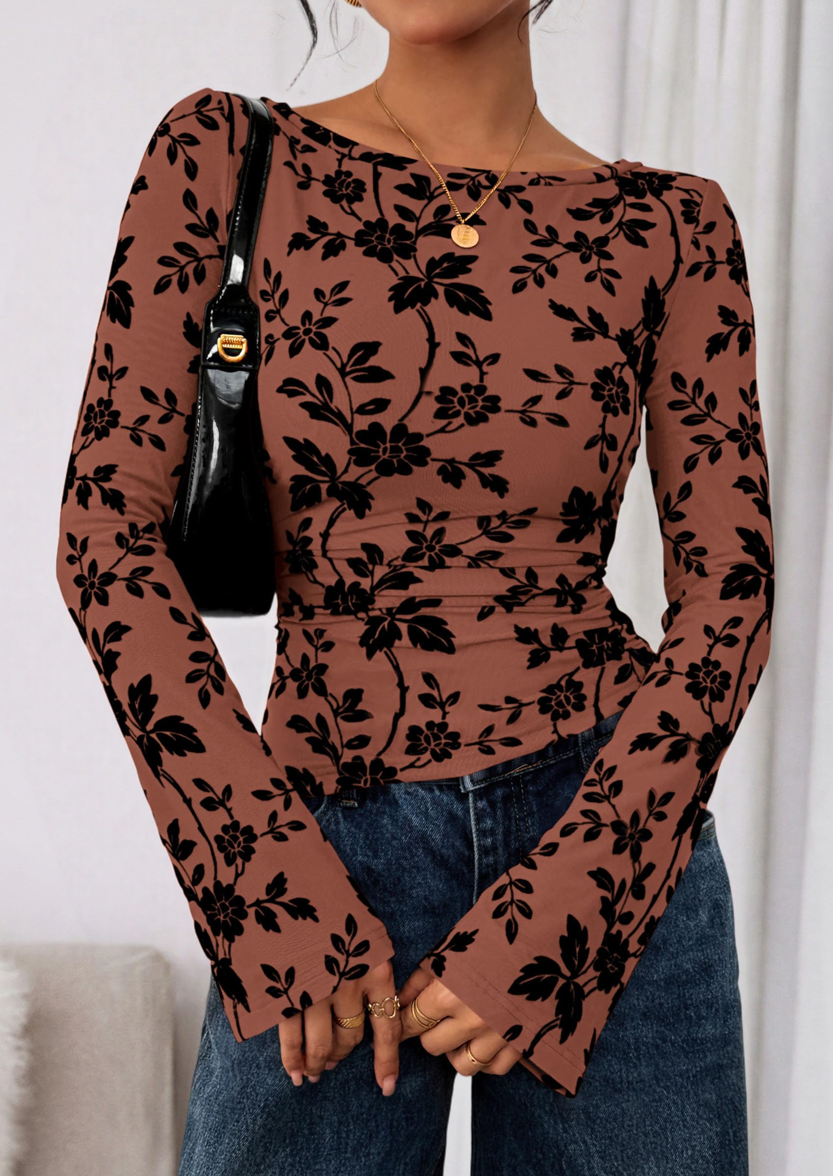 PRETTYGARDEN Women Long Sleeve Floral Mesh Tops Blouse  Fall Trendy Boat Neck Ruched Fitted Shirt Going Out Date Outfits