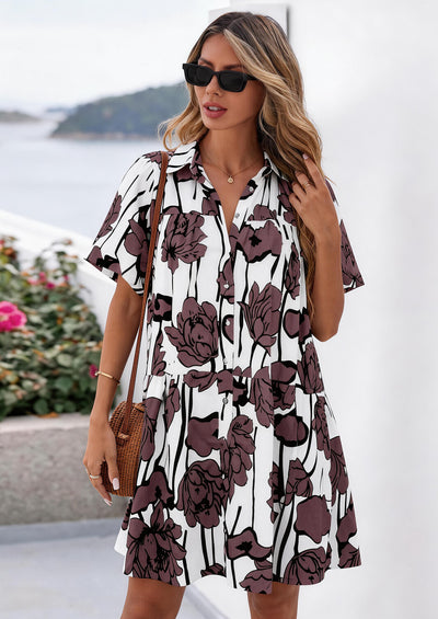 PRETTYGARDEN Womens Summer Dresses Casual Puff Sleeve Button Down Mini Shirt Dress Boho Floral Babydoll Sun Dress