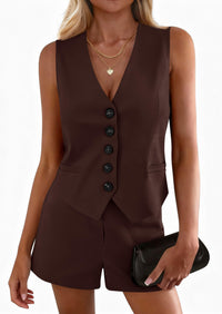 PRETTYGARDEN 2 Piece Sets for Women Spring Fashion Button Vest Tops High Waist Shorts Summer Business Casual Outfits PRETTYGARDEN