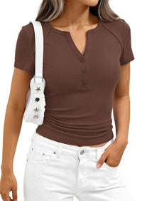 PRETTYGARDEN Womens Summer Short Sleeve Tops 2026 Spring Casual V Neck Henley Button Up T Shirts Dressy Ribbed Knit Blouses PRETTYGARDEN