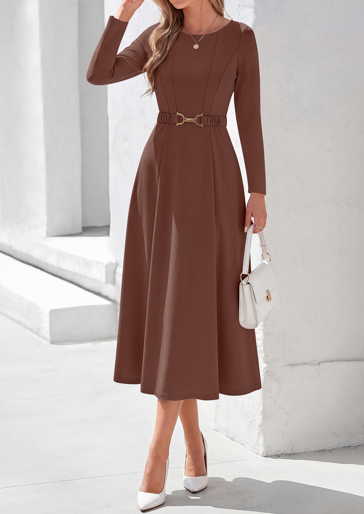 PRETTYGARDEN Women's Fall Long Sleeve Semi Formal Midi Dresses with Pockets Boat Neck, Metal Buckle Tie Waist, Flowy A Line, Elegant Classy Wedding Guest Cocktail Party Dress, Business Casual Outfits