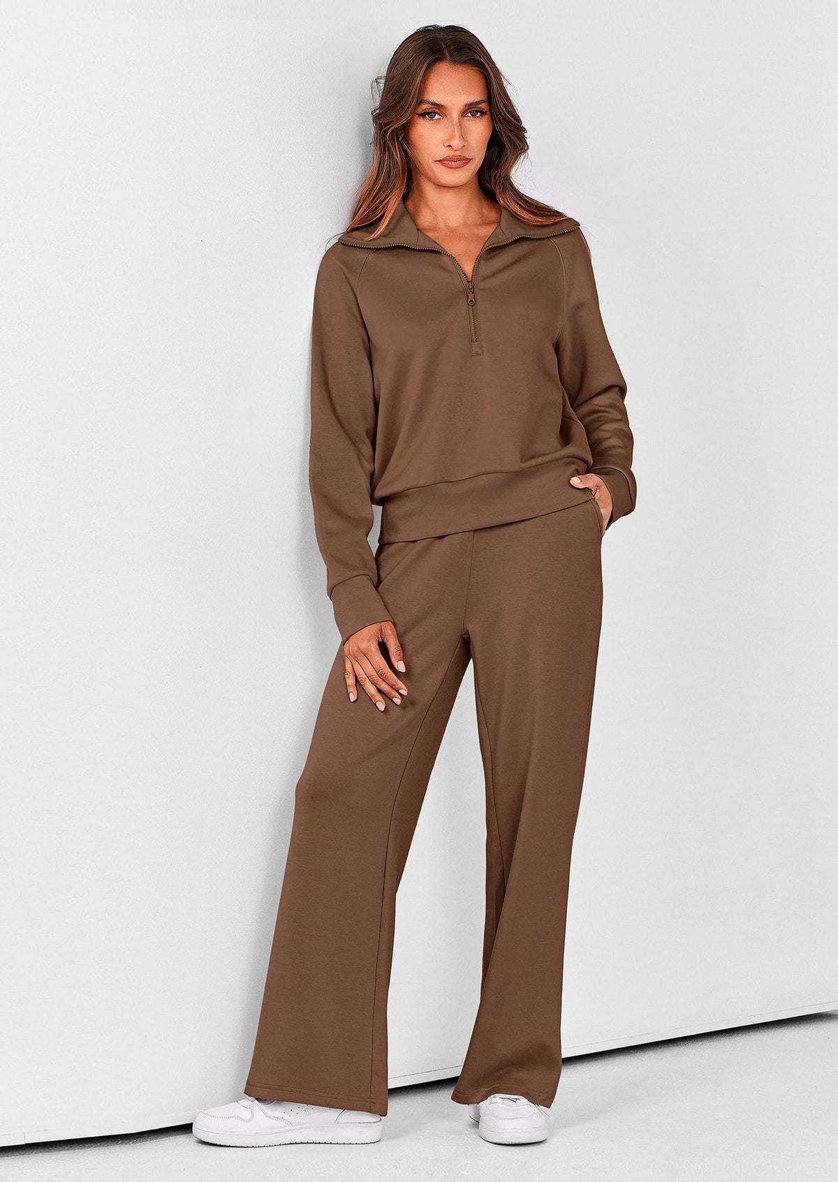 PRETTYGARDEN Women's 2 Piece Outfits Casual Lapel Half Zip Sweatshirts And Wide Leg Pants Tracksuit Sets PRETTYGARDEN