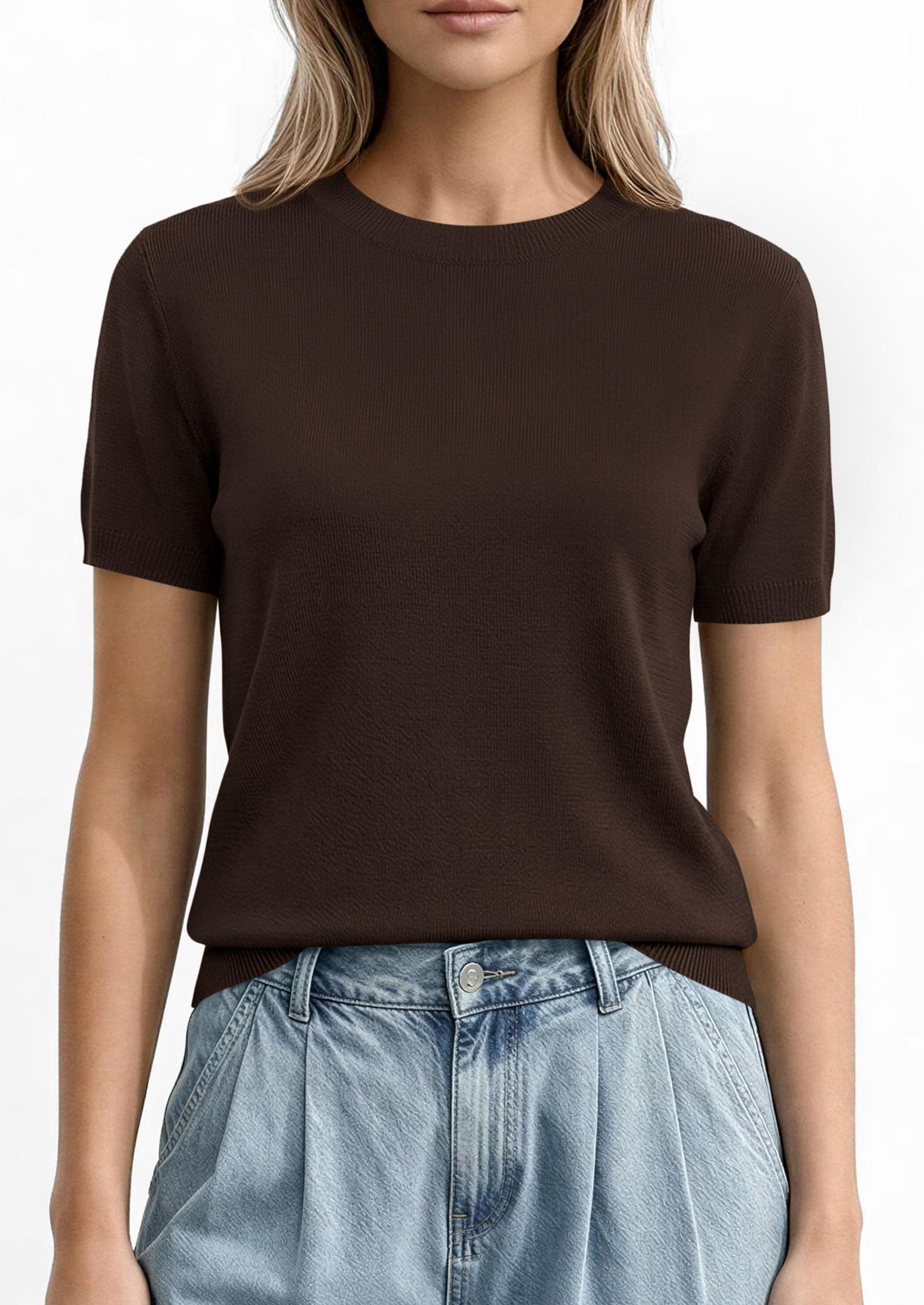 PRETTYGARDEN Women's Short Sleeve Sweaters Spring Crew Neck Knit Work Shirts Business Casual Tops Summer Fashion Clothes PRETTYGARDEN