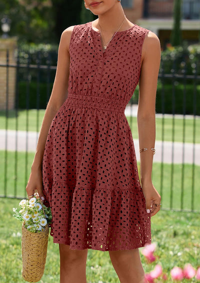 PRETTYGARDEN Women's Summer Dresses Sleeveless V Neck Eyelet Hollow Out Swing A Line Beach Vacation Sun Dress PRETTYGARDEN