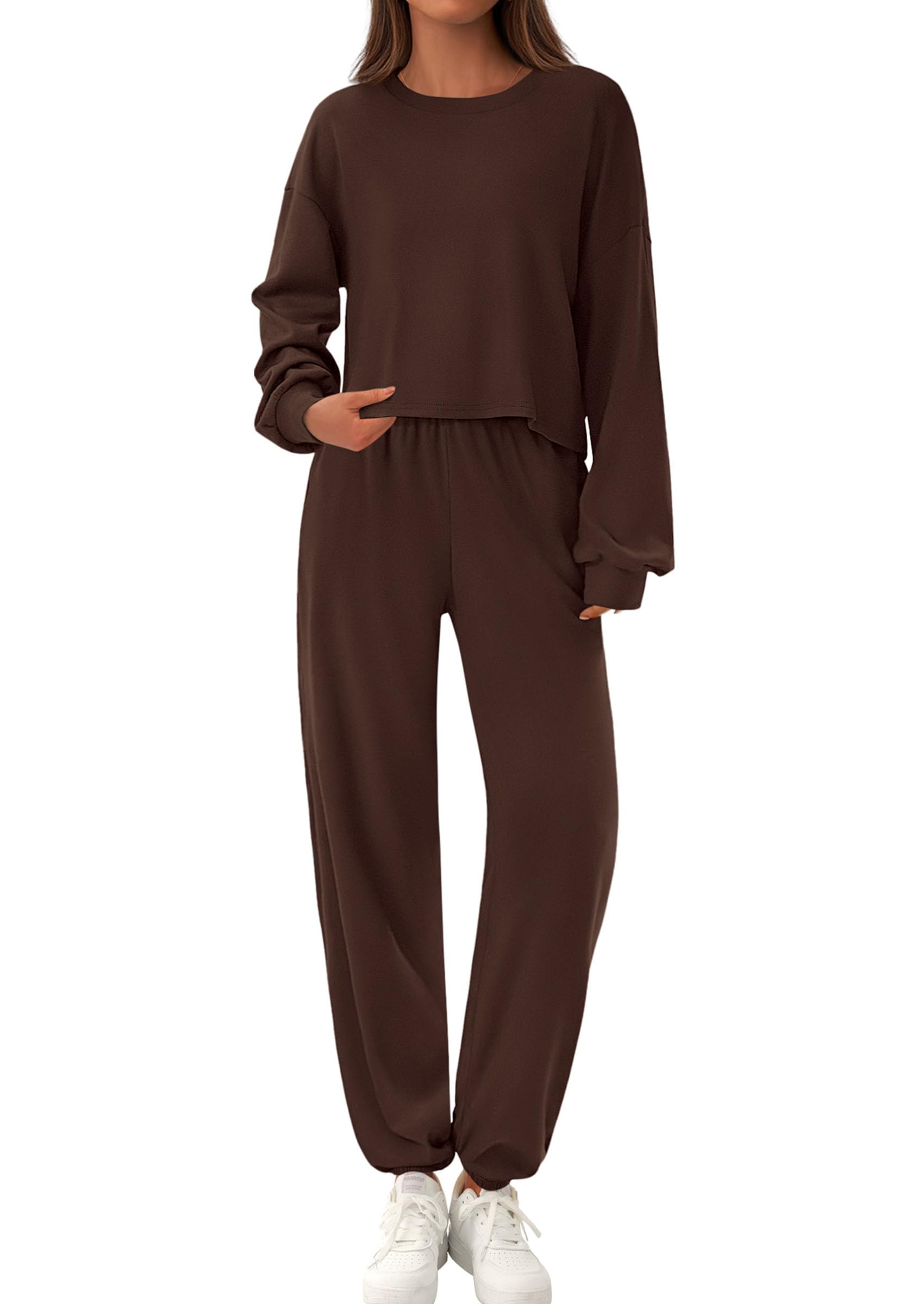 PRETTYGARDEN Women's Two Piece Outfits Lounge Sets Long Sleeve Pullover Tops Sweatpants Fall Fashion Matching Clothing