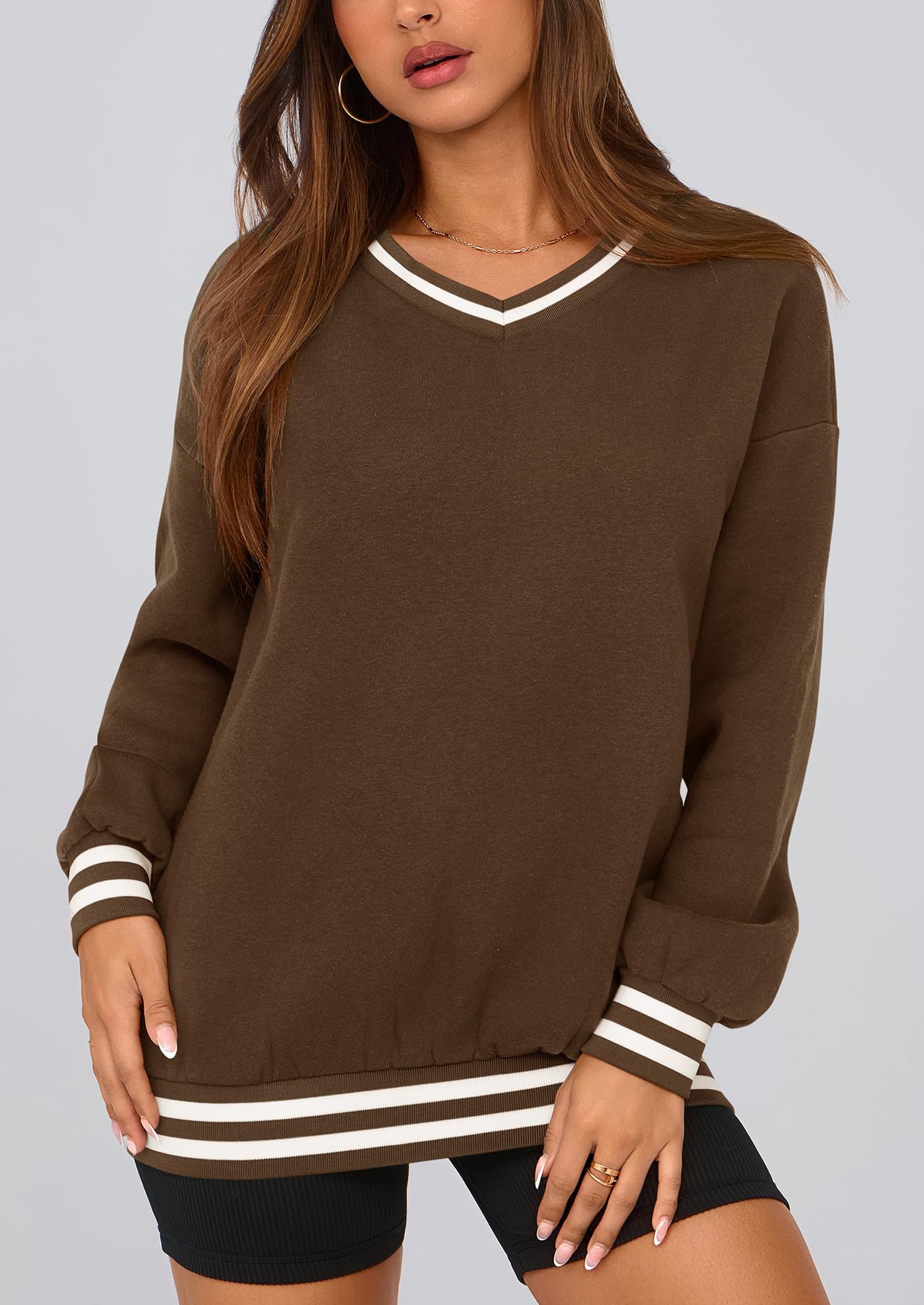 PRETTYGARDEN Women's Oversized Sweatshirts Casual Long Sleeve Stripes Knit V Neck Pullover Top Fall Teens Preppy Clothes