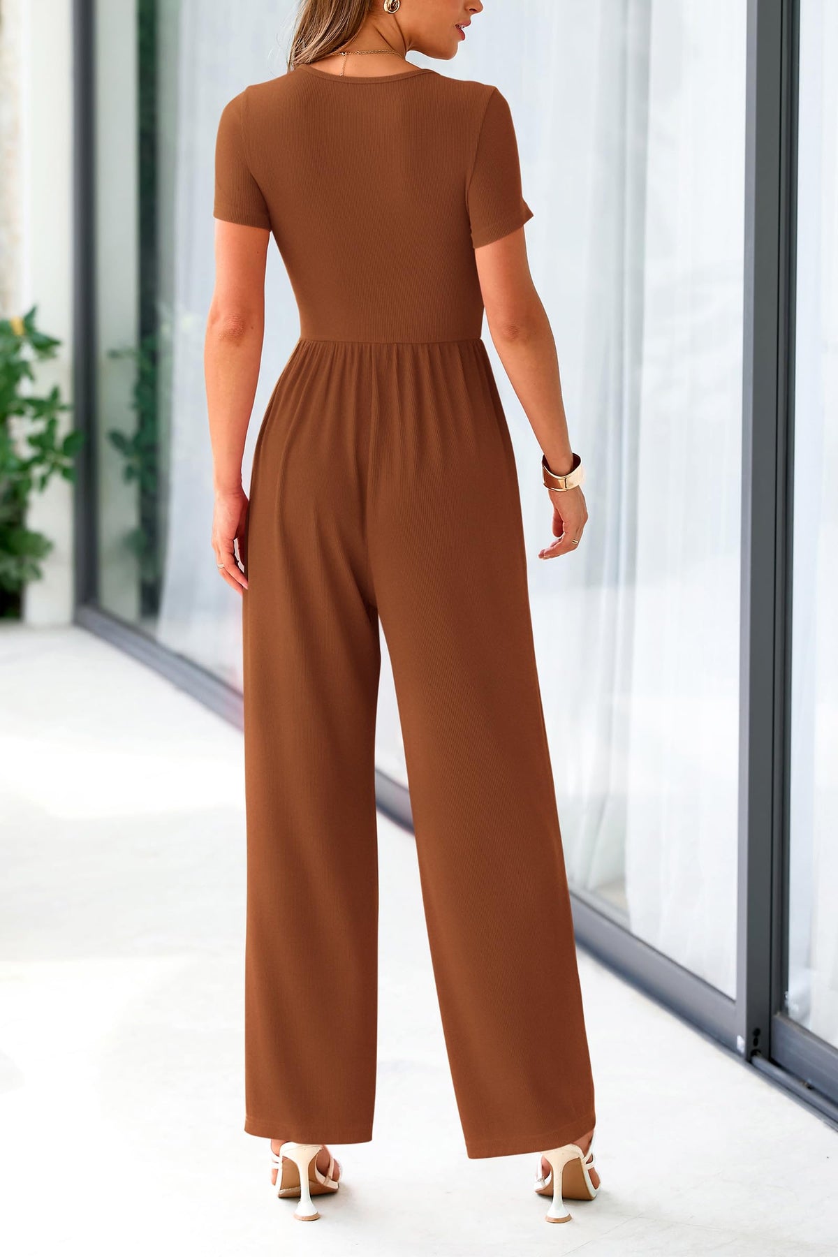 Summer One Piece Jumpsuits Dressy Casual Short Sleeve Square Neck Wide Leg Jumpsuit Rompers