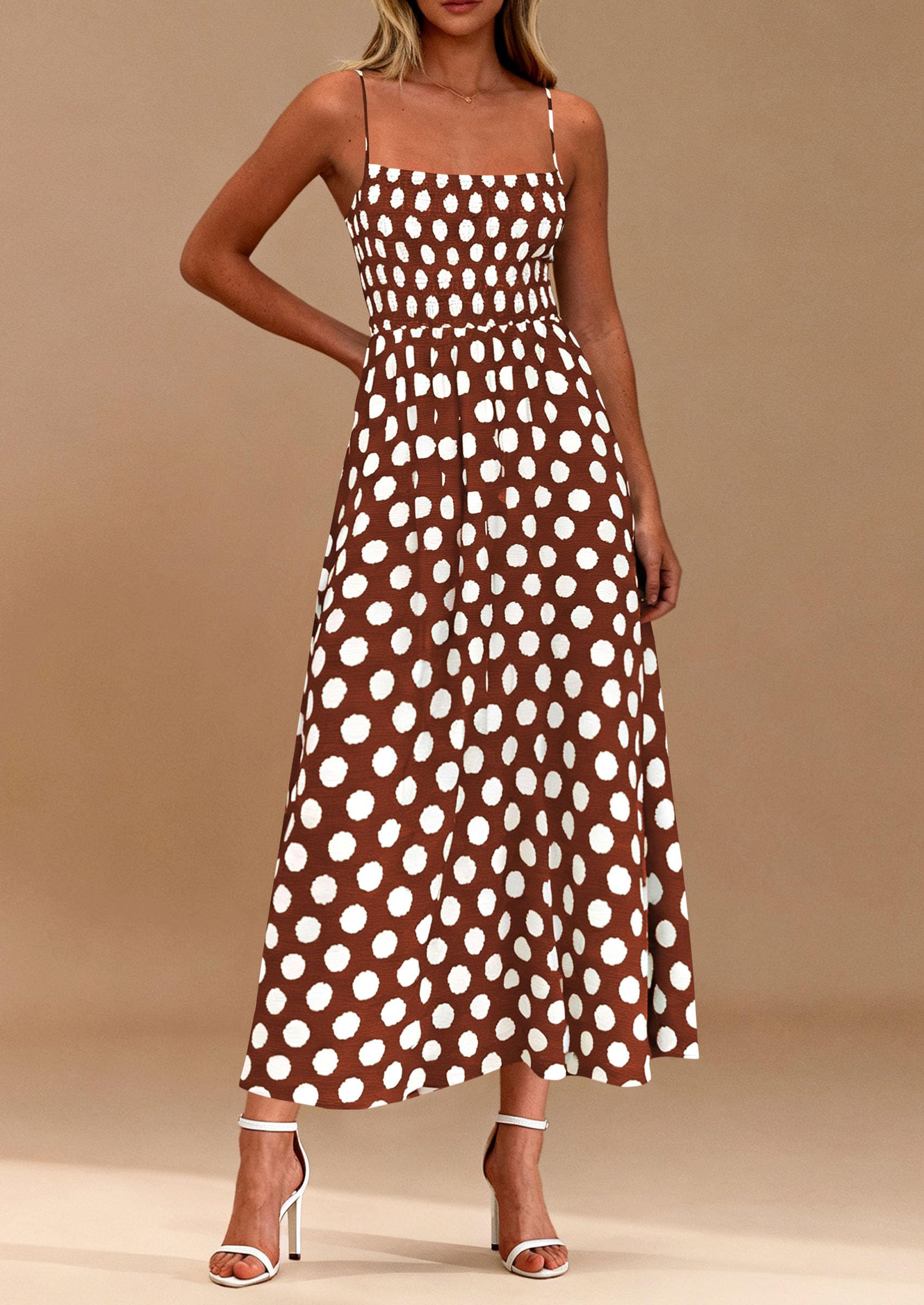 PRETTYGARDEN Womens Summer Dresses Spring Sleeveless Spaghetti Straps Casual Midi Dress Polka Dot Smocked Beach Sundress PRETTYGARDEN