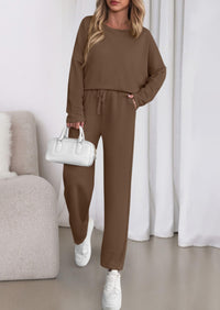 PRETTYGARDEN Womens 2 Piece Matching Lounge Sets Fall Long Sleeve Boatneck Sweatsuit Drawstring Sweatpants Pockets