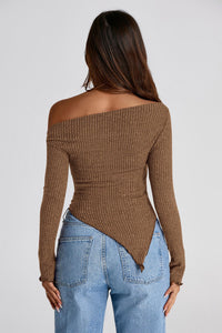 Long Sleeve Y2K Crop Top Trendy Off Shoulder Asymmetrical Fitted Knit Tee Shirts Going Out Tops