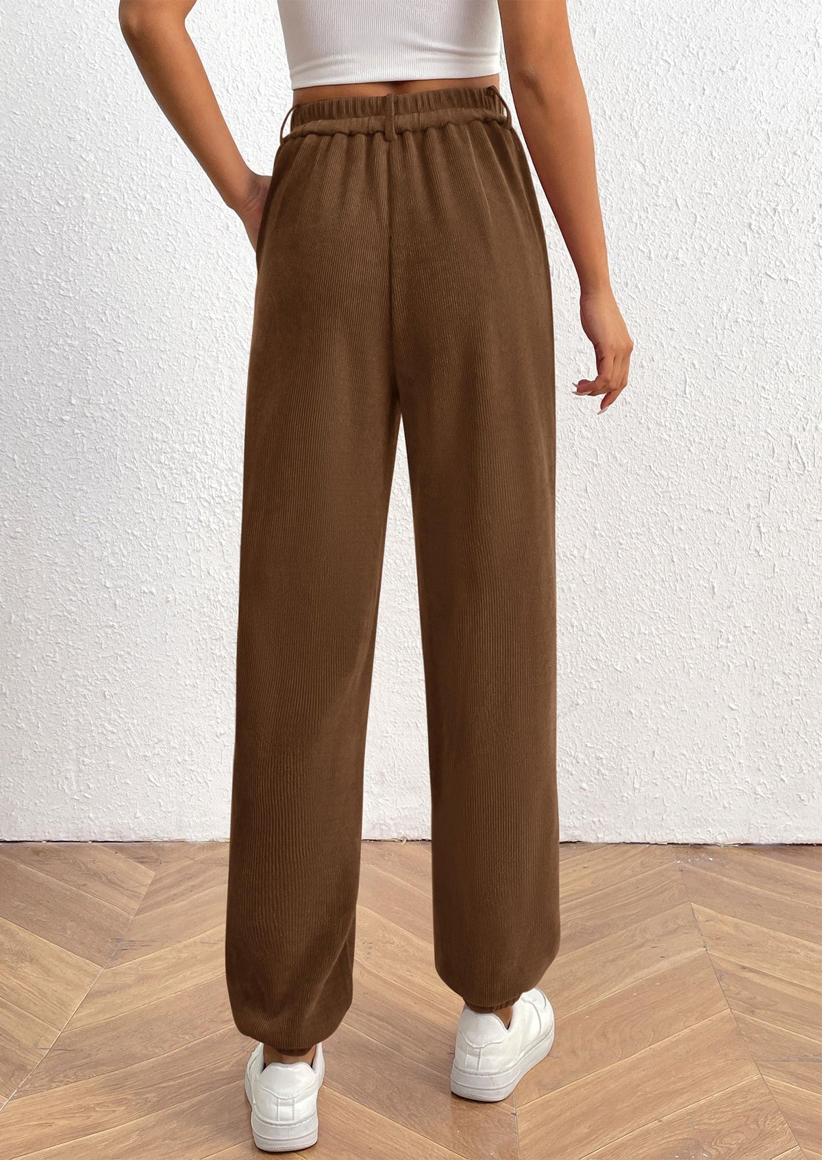 Women's Dressy Casual Pants Elastic High Waisted Work Office Corduroy Trouser Slacks with Pockets