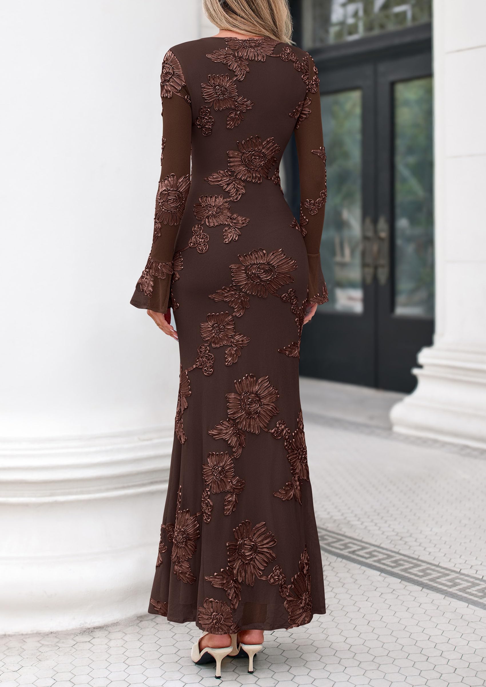 PRETTYGARDEN Women's Formal Floral Maxi Bodycon Dresses  Ruffle Long Sleeve, Fall Winter Outfits 2026 for Wedding Guest, Homecoming & Cocktail, Slimming Mesh Dress with Lining