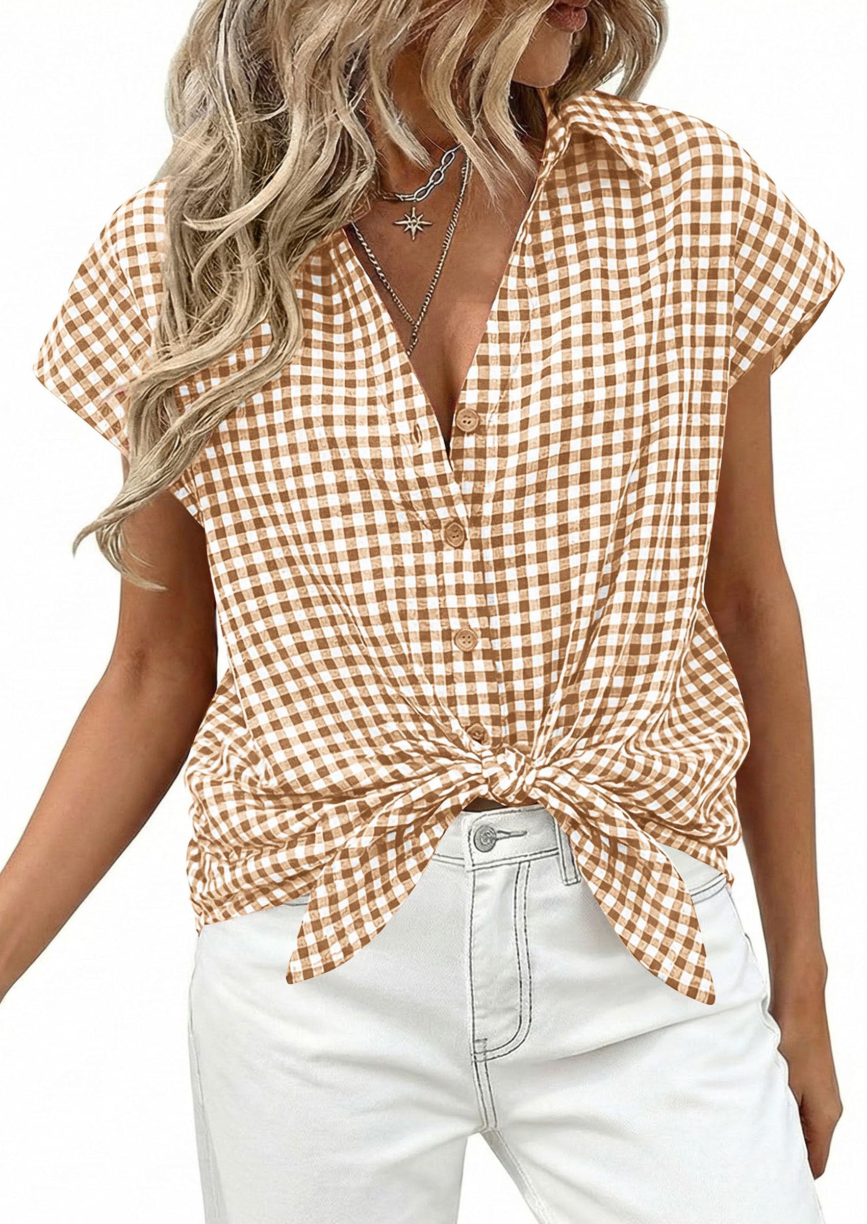 PRETTYGARDEN Womens Button Dwon Shirts V Neck Short Cap Sleeve Collared Plaid Tops Summer Spring Casual Blouses Clothes PRETTYGARDEN